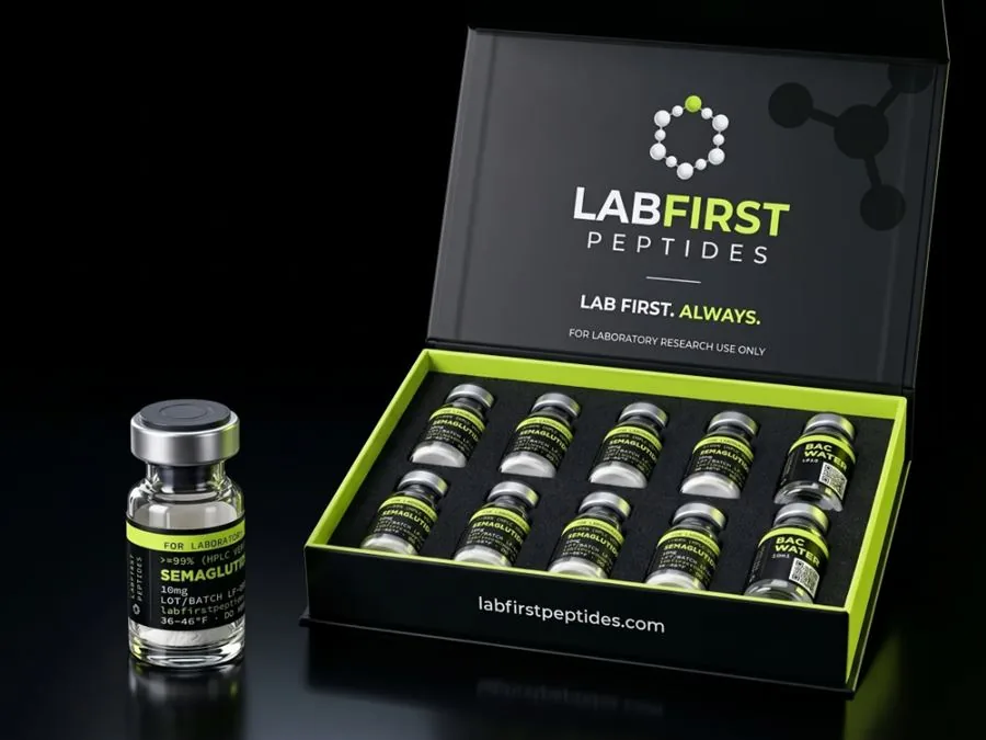 Semaglutide research vials in a LabFirst Peptides box