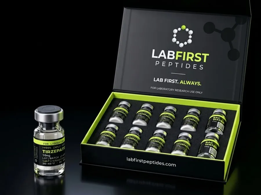 Tirzepatide research vials in a LabFirst Peptides box