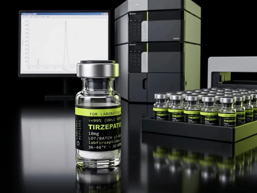 Tirzepatide research vial in front of an HPLC system, a chromatogram on the screen